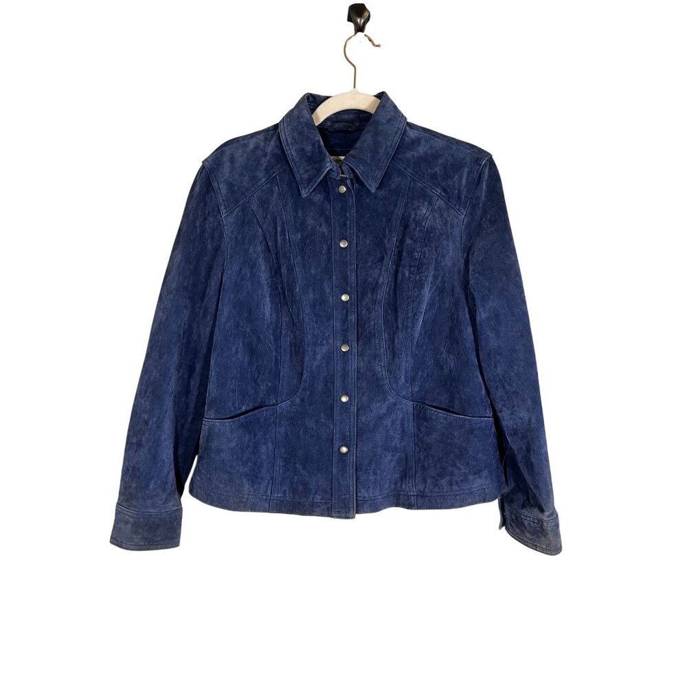 Coldwater Creek Suede Leather Jacket Blue PL Coastal Western Preppy Resort Chic
